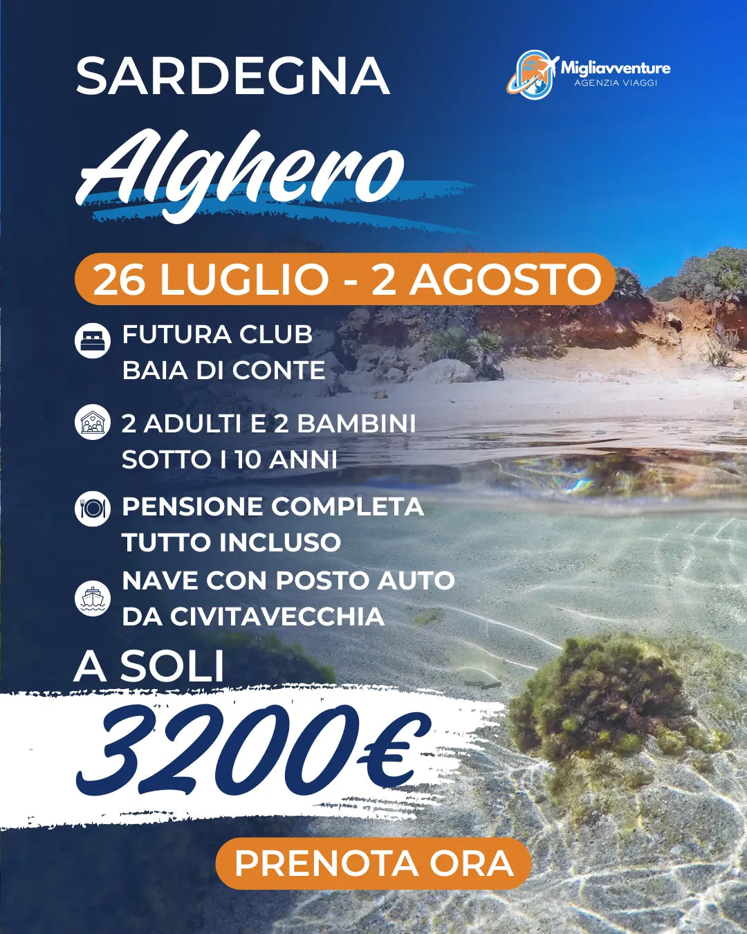 Sardegna – 7 giorni tutto incluso + nave e auto a soli 3200€ per famiglia.