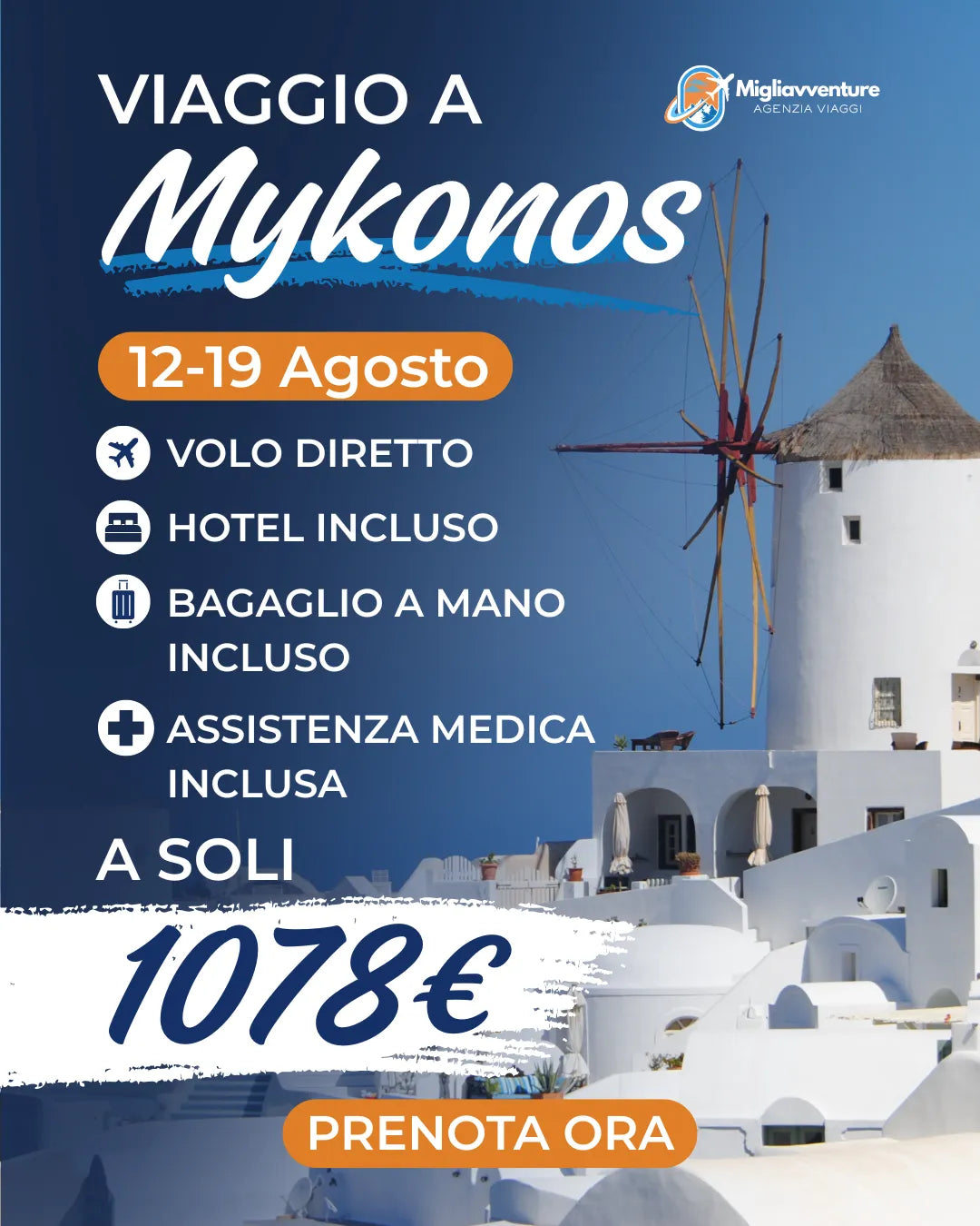 Mykonos dal 12 al 19 Agosto  – Volo Diretto + Hotel a soli 1078€